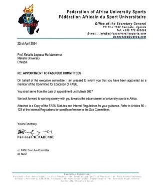 Federation of Africa University Sports/FASU/ Appointed Dr. Kesatie Legesse as member of the Committee for Education of FASU until 2027.