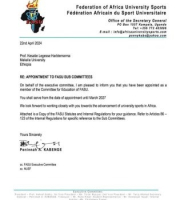 Federation of Africa University Sports/FASU/ Appointed Dr. Kesatie Legesse as member of the Committee for Education of FASU until 2027.